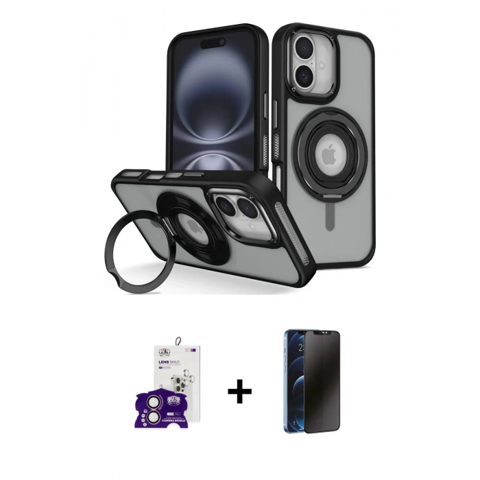 MARSİLYAN™- iPhone 16 Kılıf Nova Minimal Serisi - Siyah 3D Antistatik Hayalet Cam Ekran Koruyucu + Bilvis Titan Kamera Lens - PE