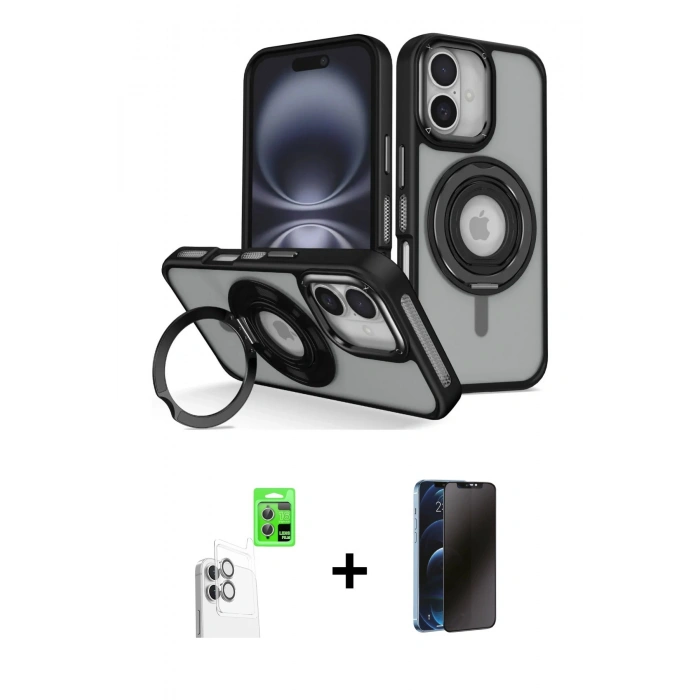 MARSİLYAN™- iPhone 16 Kılıf Nova Minimal Serisi - Siyah 3D Antistatik Hayalet Cam Ekran Koruyucu + Raze Metal Kamera Lens - BZ