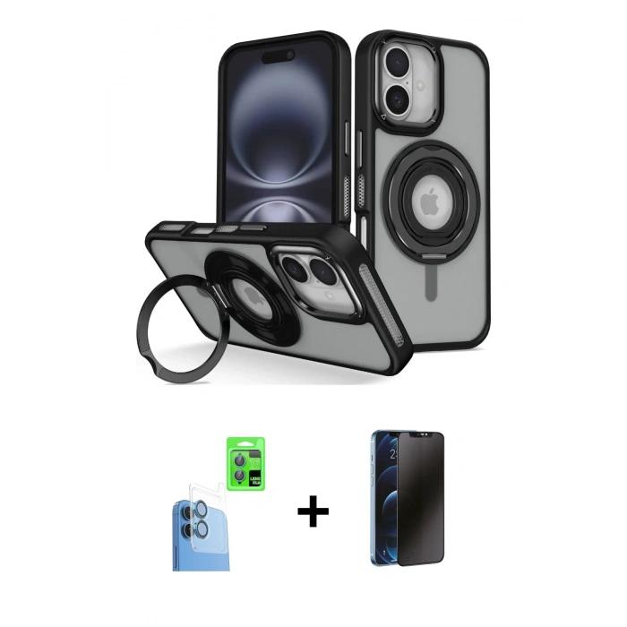 MARSİLYAN™- iPhone 16 Kılıf Nova Minimal Serisi - Siyah 3D Antistatik Hayalet Cam Ekran Koruyucu + Raze Metal Kamera Lens - LT