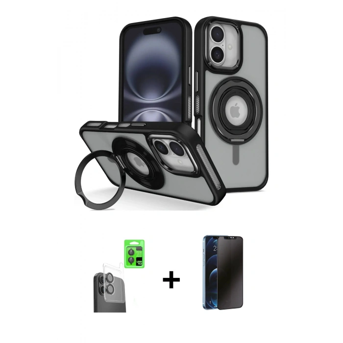MARSİLYAN™- iPhone 16 Kılıf Nova Minimal Serisi - Siyah 3D Antistatik Hayalet Cam Ekran Koruyucu + Raze Metal Kamera Lens - SH