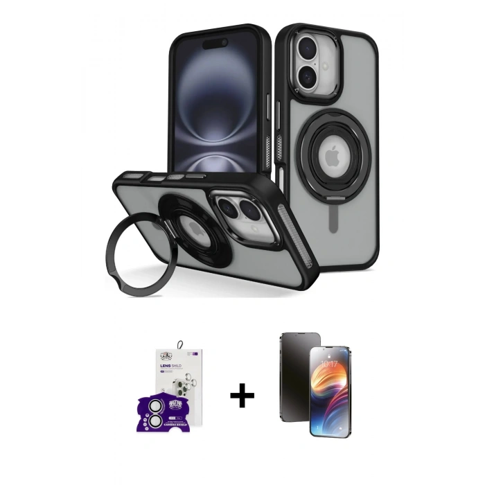 MARSİLYAN™- iPhone 16 Kılıf Nova Minimal Serisi - Siyah 3D Antistatik Mat Seramik Nano Ekran Koruyucu + Bilvis Titan Kamera Lens - GS