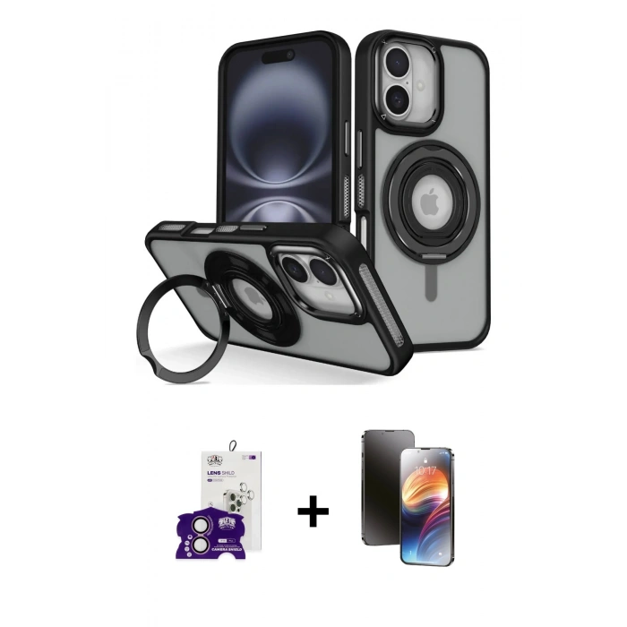MARSİLYAN™- iPhone 16 Kılıf Nova Minimal Serisi - Siyah 3D Antistatik Mat Seramik Nano Ekran Koruyucu + Bilvis Titan Kamera Lens - PE