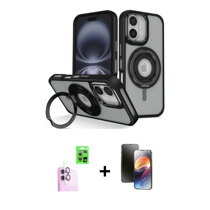 MARSİLYAN™- iPhone 16 Kılıf Nova Minimal Serisi - Siyah 3D Antistatik Mat Seramik Nano Ekran Koruyucu + Pembe Raze Metal Kamera Lens