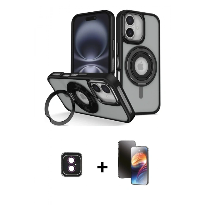 MARSİLYAN™- iPhone 16 Kılıf Nova Minimal Serisi - Siyah 3D Antistatik Mat Seramik Nano Ekran Koruyucu + PVD Metal Kamera Lens - PE