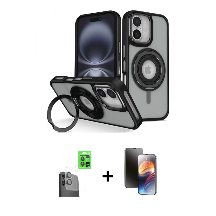 MARSİLYAN™- iPhone 16 Kılıf Nova Minimal Serisi - Siyah 3D Antistatik Mat Seramik Nano Ekran Koruyucu + Raze Metal Kamera Lens - SH