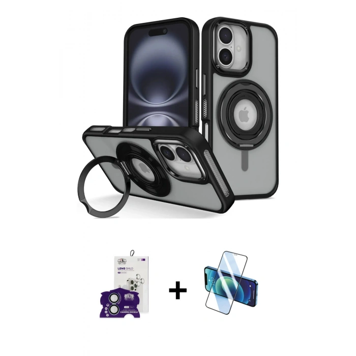 MARSİLYAN™- iPhone 16 Kılıf Nova Minimal Serisi - Siyah 3D Antistatik Seramik Nano Ekran Koruyucu + Bilvis Titan Kamera Lens - YL