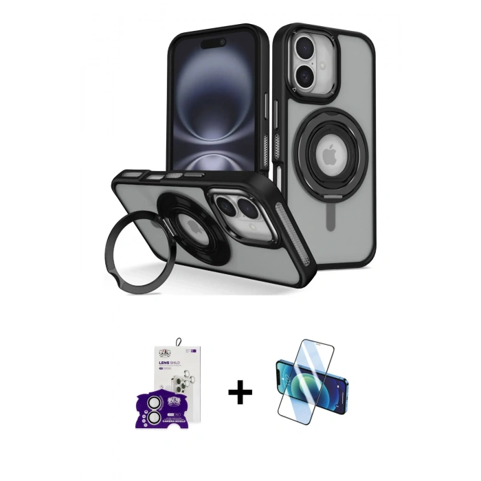 MARSİLYAN™- iPhone 16 Kılıf Nova Minimal Serisi - Siyah 3D Antistatik Seramik Nano Ekran Koruyucu + Bilvis Titan Kamera Lens - GS