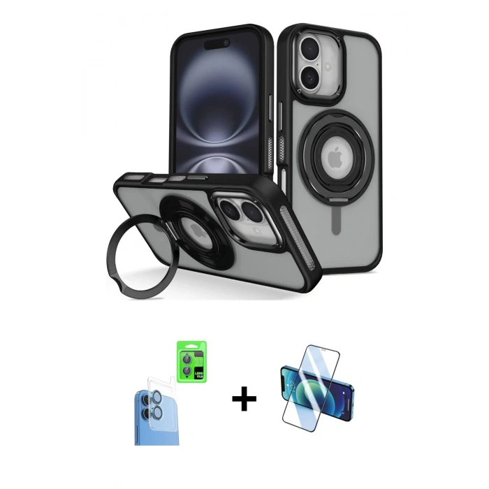 MARSİLYAN™- iPhone 16 Kılıf Nova Minimal Serisi - Siyah 3D Antistatik Seramik Nano Ekran Koruyucu + Lacivert Raze Metal Kamera Lens