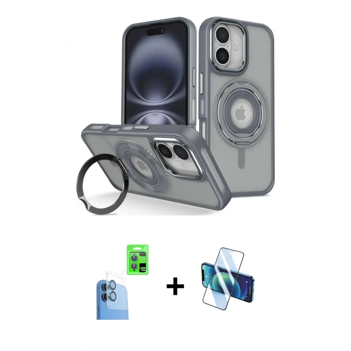 MARSİLYAN™- iPhone 16 Kılıf Nova Minimal Serisi - Siyah 3D Antistatik Seramik Nano Ekran Koruyucu + Lacivert Raze Metal Kamera Lens