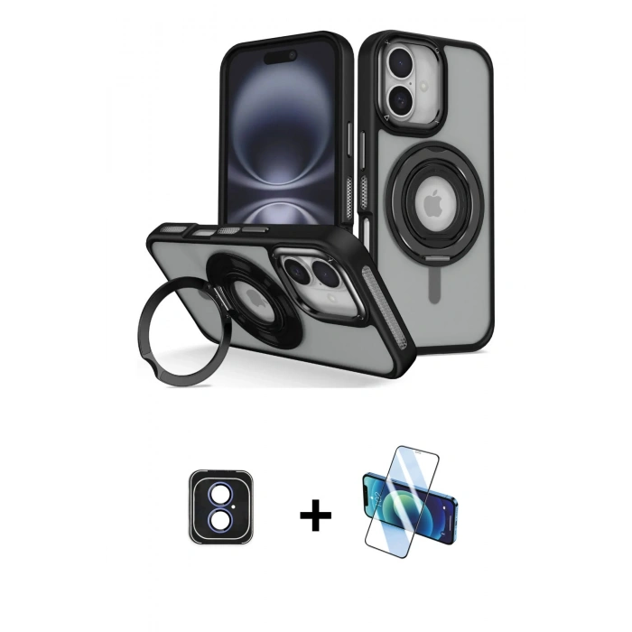 MARSİLYAN™- iPhone 16 Kılıf Nova Minimal Serisi - Siyah 3D Antistatik Seramik Nano Ekran Koruyucu + Mavi PVD Metal Kamera Lens