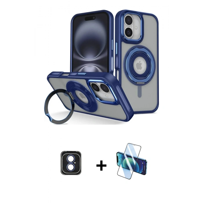 MARSİLYAN™- iPhone 16 Kılıf Nova Minimal Serisi - Siyah 3D Antistatik Seramik Nano Ekran Koruyucu + Mavi PVD Metal Kamera Lens