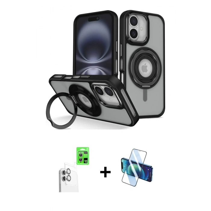 MARSİLYAN™- iPhone 16 Kılıf Nova Minimal Serisi - Siyah 3D Antistatik Seramik Nano Ekran Koruyucu + Raze Metal Kamera Lens - BZ