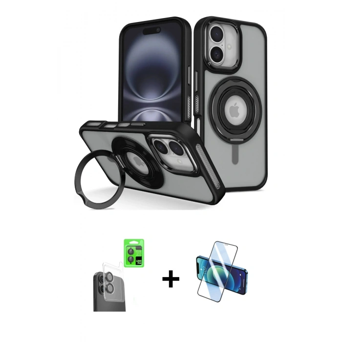 MARSİLYAN™- iPhone 16 Kılıf Nova Minimal Serisi - Siyah 3D Antistatik Seramik Nano Ekran Koruyucu + Raze Metal Kamera Lens - SH