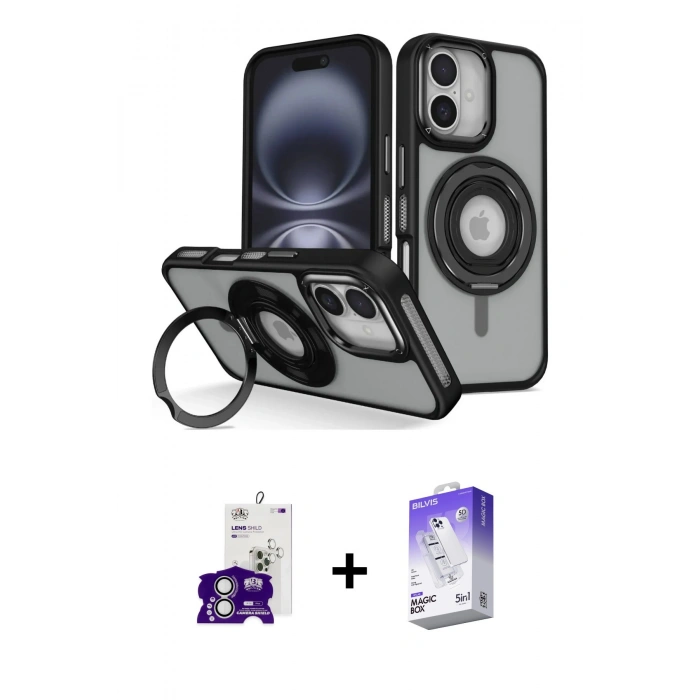 MARSİLYAN™- iPhone 16 Kılıf Nova Minimal Serisi - Siyah Bilvis 5in1 3D Magic Cam Ekran Koruyucu + Bilvis Titan Kamera Lens - GS