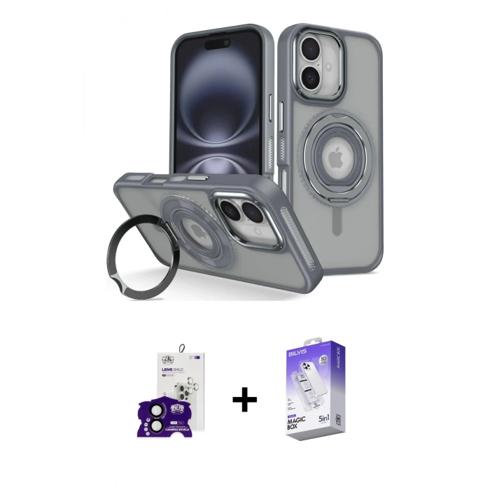 MARSİLYAN™- iPhone 16 Kılıf Nova Minimal Serisi - Siyah Bilvis 5in1 3D Magic Cam Ekran Koruyucu + Bilvis Titan Kamera Lens - SH
