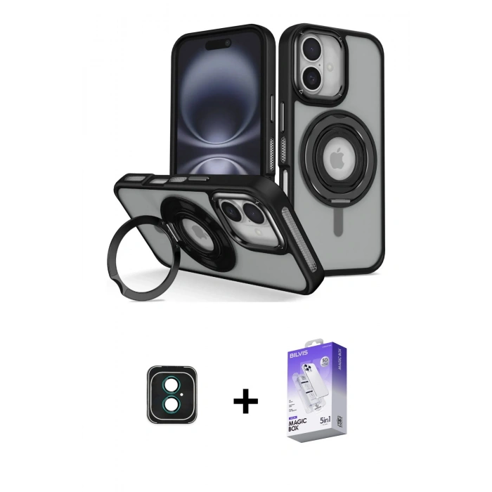 MARSİLYAN™- iPhone 16 Kılıf Nova Minimal Serisi - Siyah Bilvis 5in1 3D Magic Cam Ekran Koruyucu + PVD Metal Kamera Lens - YL