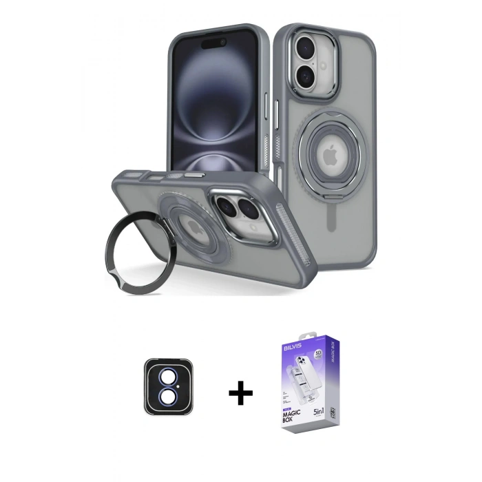MARSİLYAN™- iPhone 16 Kılıf Nova Minimal Serisi - Siyah Bilvis 5in1 3D Magic Cam Ekran Koruyucu + PVD Metal Kamera Lens - MI