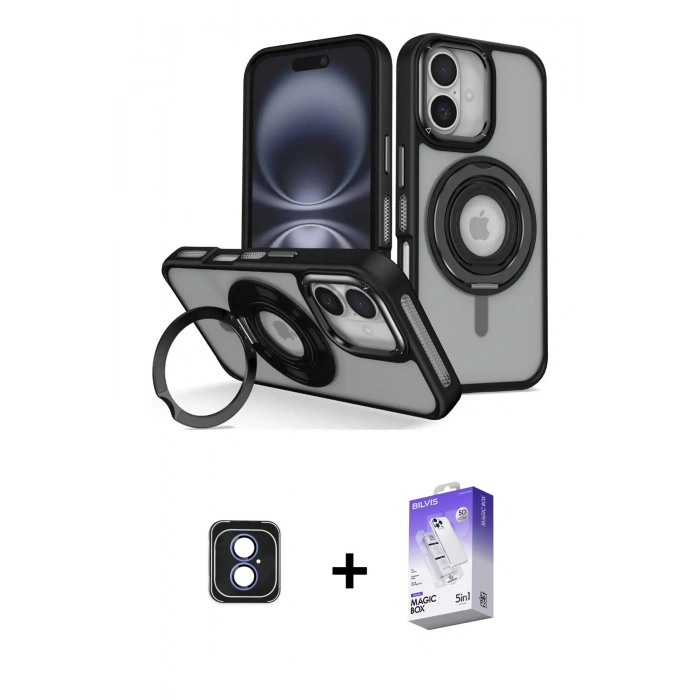 MARSİLYAN™- iPhone 16 Kılıf Nova Minimal Serisi - Siyah Bilvis 5in1 3D Magic Cam Ekran Koruyucu + PVD Metal Kamera Lens - MI