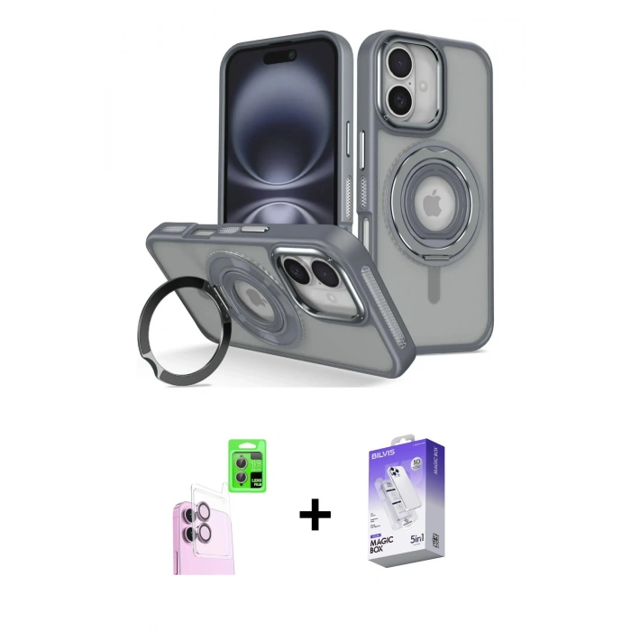 MARSİLYAN™- iPhone 16 Kılıf Nova Minimal Serisi - Siyah Bilvis 5in1 3D Magic Cam Ekran Koruyucu + Raze Metal Kamera Lens - PE