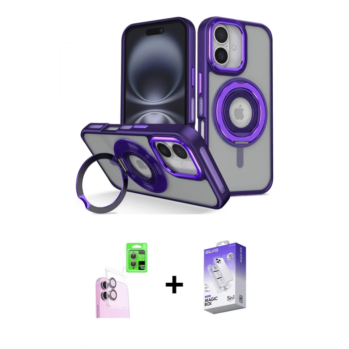 MARSİLYAN™- iPhone 16 Kılıf Nova Minimal Serisi - Siyah Bilvis 5in1 3D Magic Cam Ekran Koruyucu + Raze Metal Kamera Lens - PE