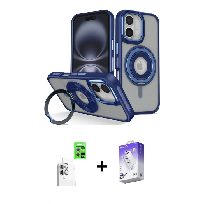 MARSİLYAN™- iPhone 16 Kılıf Nova Minimal Serisi - Siyah Bilvis 5in1 3D Magic Cam Ekran Koruyucu + Raze Metal Kamera Lens - BZ