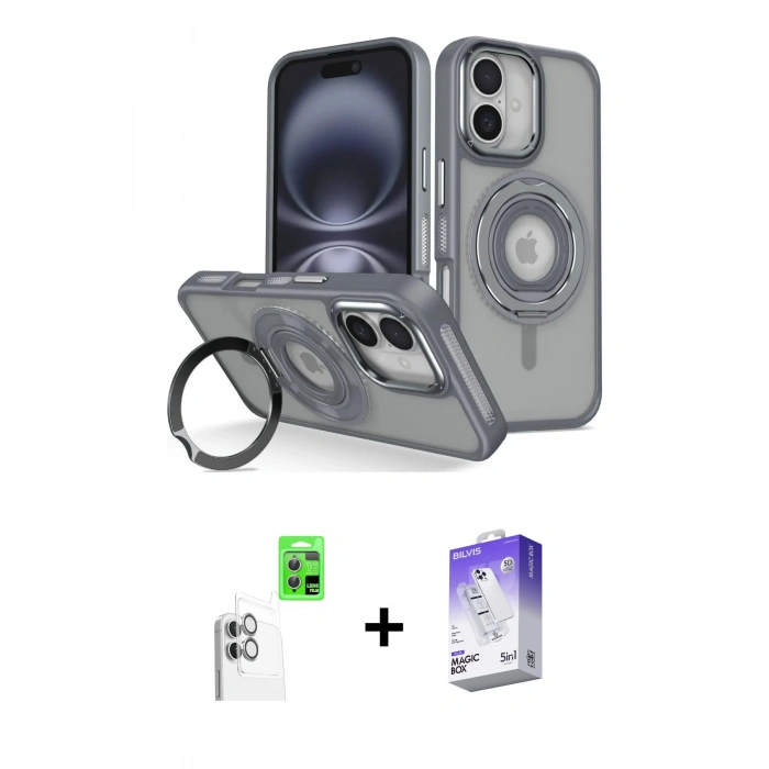 MARSİLYAN™- iPhone 16 Kılıf Nova Minimal Serisi - Siyah Bilvis 5in1 3D Magic Cam Ekran Koruyucu + Raze Metal Kamera Lens - BZ