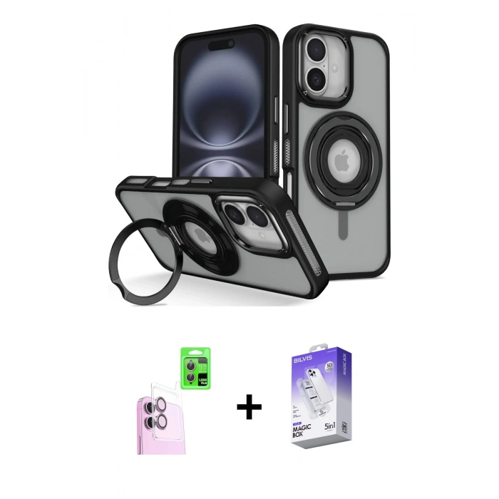 MARSİLYAN™- iPhone 16 Kılıf Nova Minimal Serisi - Siyah Bilvis 5in1 3D Magic Cam Ekran Koruyucu + Raze Metal Kamera Lens - PE