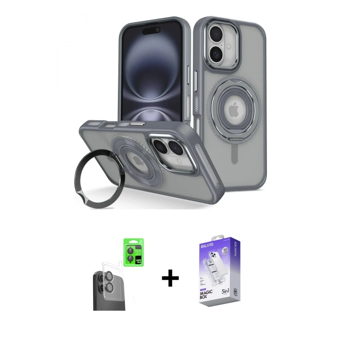 MARSİLYAN™- iPhone 16 Kılıf Nova Minimal Serisi - Siyah Bilvis 5in1 3D Magic Cam Ekran Koruyucu + Siyah Raze Metal Kamera Lens