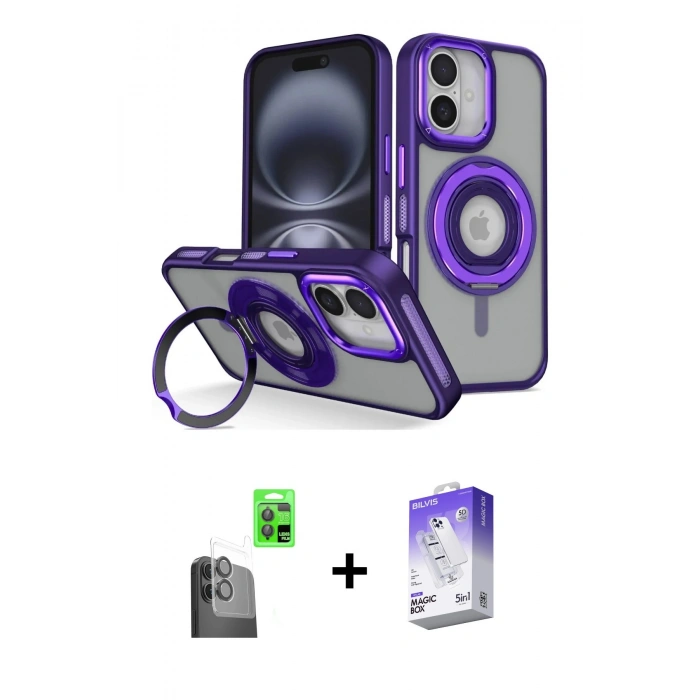MARSİLYAN™- iPhone 16 Kılıf Nova Minimal Serisi - Siyah Bilvis 5in1 3D Magic Cam Ekran Koruyucu + Siyah Raze Metal Kamera Lens