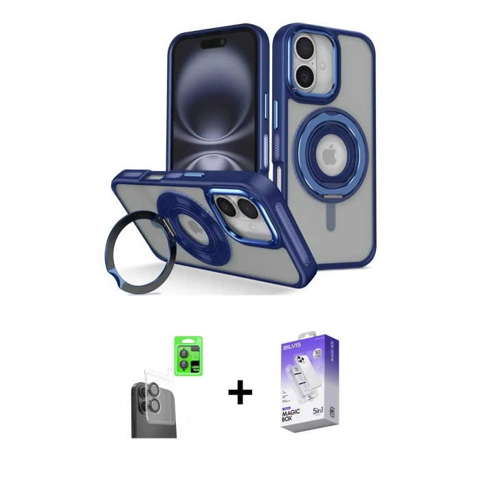 MARSİLYAN™- iPhone 16 Kılıf Nova Minimal Serisi - Siyah Bilvis 5in1 3D Magic Cam Ekran Koruyucu + Siyah Raze Metal Kamera Lens