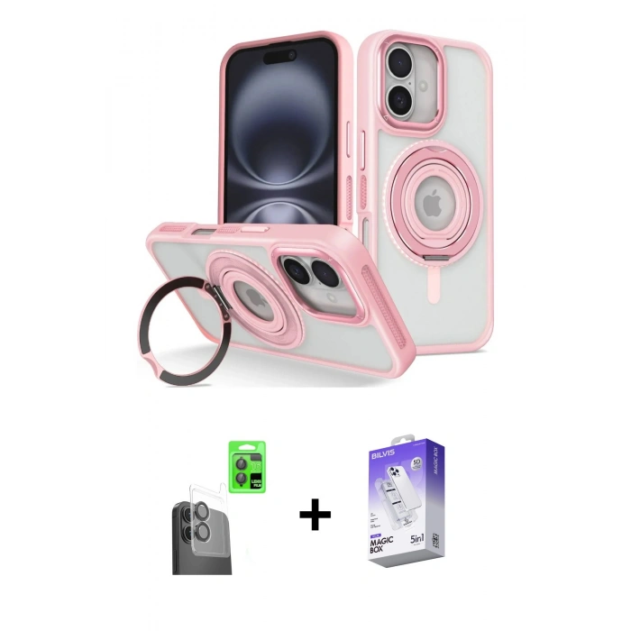 MARSİLYAN™- iPhone 16 Kılıf Nova Minimal Serisi - Siyah Bilvis 5in1 3D Magic Cam Ekran Koruyucu + Siyah Raze Metal Kamera Lens