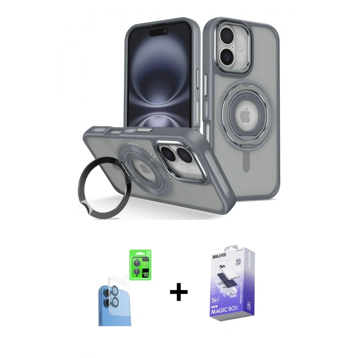 MARSİLYAN™- iPhone 16 Kılıf Nova Minimal Serisi - Siyah Bilvis 5in1 5D Magic Hayalet Cam Ekran Koruyucu + Raze Metal Kamera Lens - LT