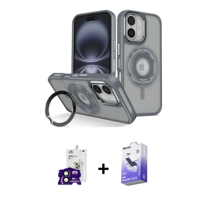 MARSİLYAN™- iPhone 16 Kılıf Nova Minimal Serisi - Siyah Bilvis 5in1 5D Magic Hayalet Cam Ekran Koruyucu + Siyah Bilvis Titan Kamera Lens