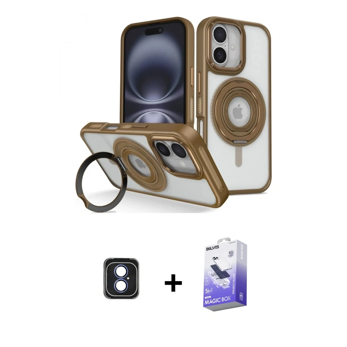 MARSİLYAN™- iPhone 16 Kılıf Nova Minimal Serisi - Siyah Bilvis 5in1 5D Magic Hayalet Cam Ekran Koruyucu + PVD Metal Kamera Lens - MI