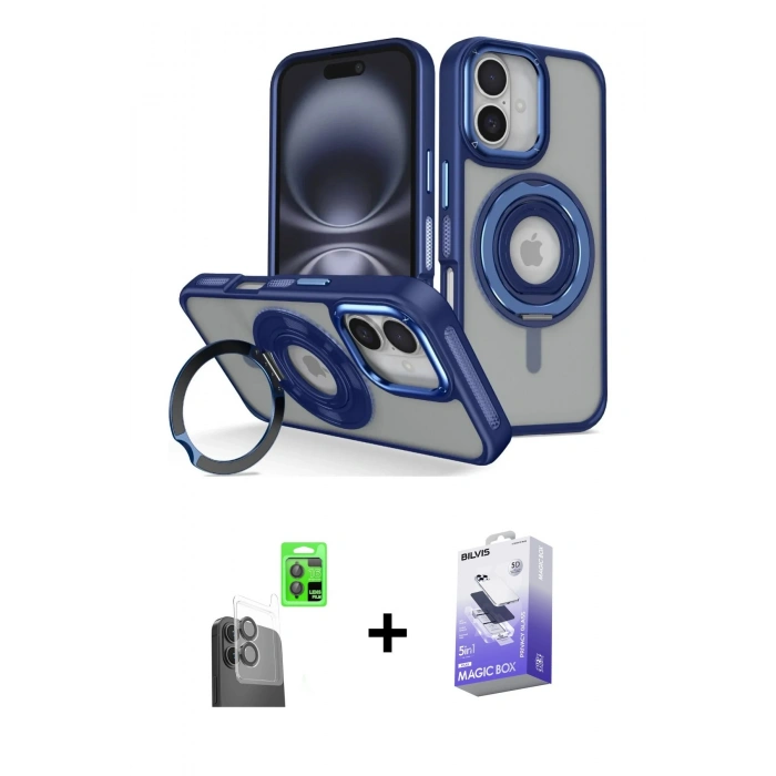 MARSİLYAN™- iPhone 16 Kılıf Nova Minimal Serisi - Siyah Bilvis 5in1 5D Magic Hayalet Cam Ekran Koruyucu + Raze Metal Kamera Lens - SH