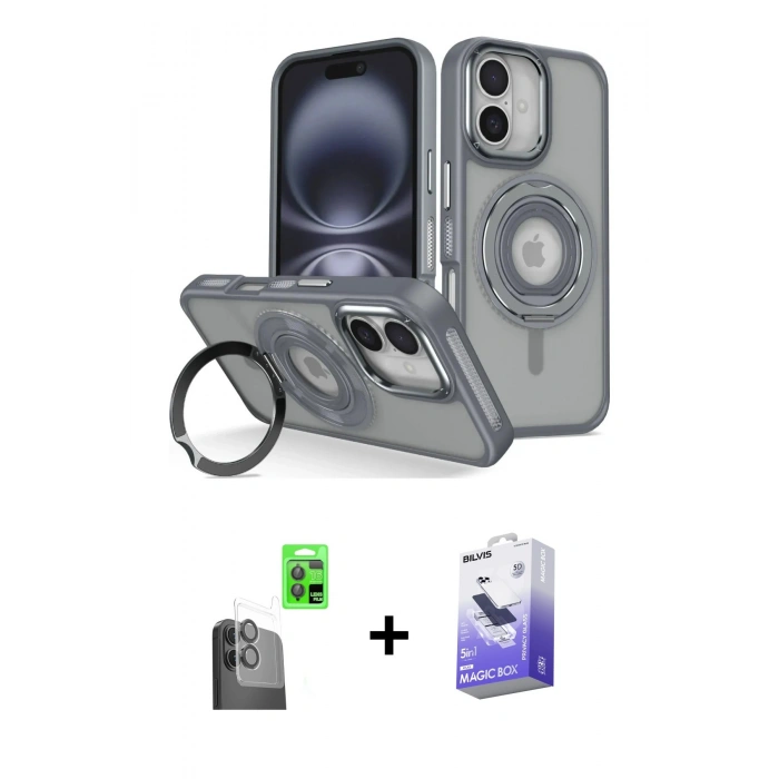 MARSİLYAN™- iPhone 16 Kılıf Nova Minimal Serisi - Siyah Bilvis 5in1 5D Magic Hayalet Cam Ekran Koruyucu + Raze Metal Kamera Lens - SH