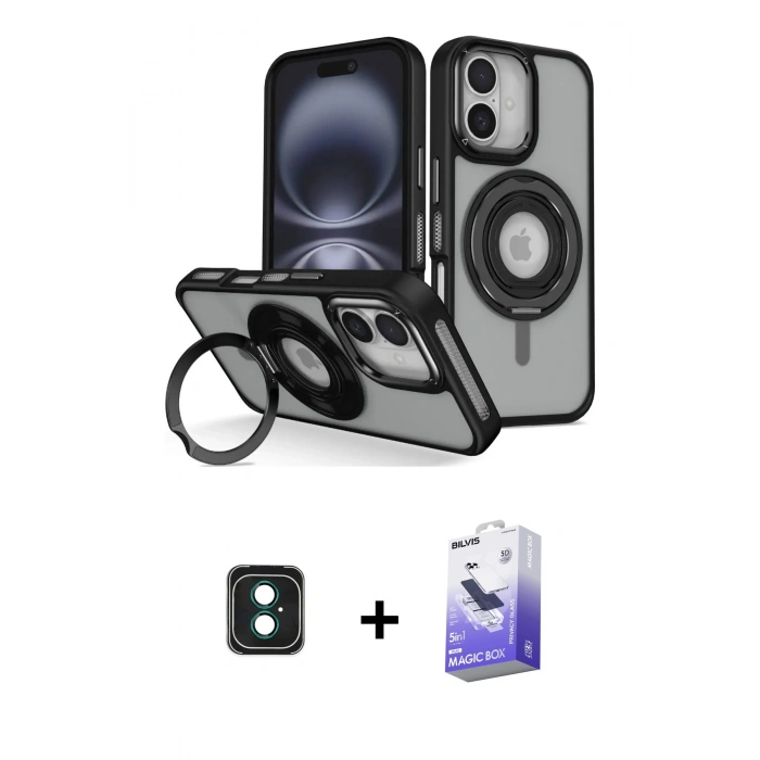 MARSİLYAN™- iPhone 16 Kılıf Nova Minimal Serisi - Siyah Bilvis 5in1 5D Magic Hayalet Cam Ekran Koruyucu + PVD Metal Kamera Lens - YL