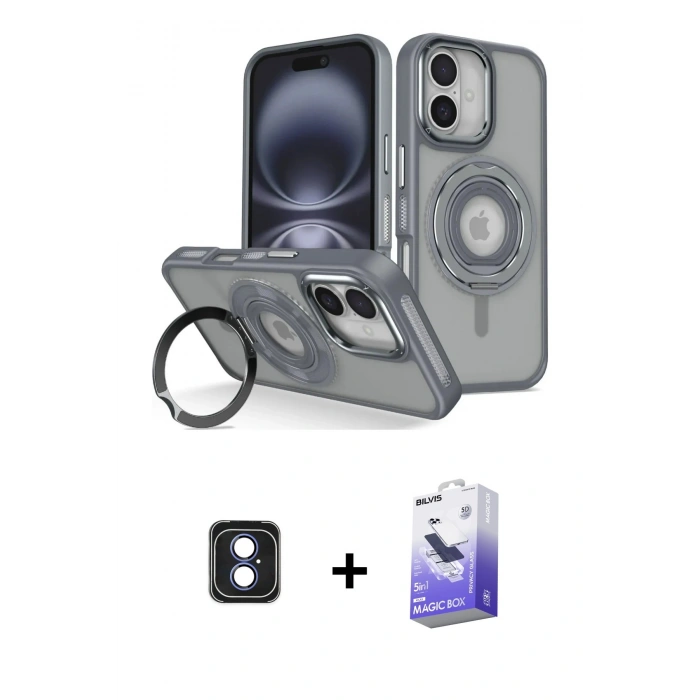 MARSİLYAN™- iPhone 16 Kılıf Nova Minimal Serisi - Siyah Bilvis 5in1 5D Magic Hayalet Cam Ekran Koruyucu + PVD Metal Kamera Lens - MI