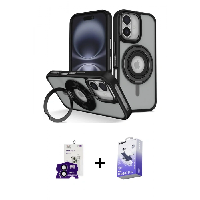 MARSİLYAN™- iPhone 16 Kılıf Nova Minimal Serisi - Siyah Bilvis 5in1 5D Magic Hayalet Cam Ekran Koruyucu + Siyah Bilvis Titan Kamera Lens