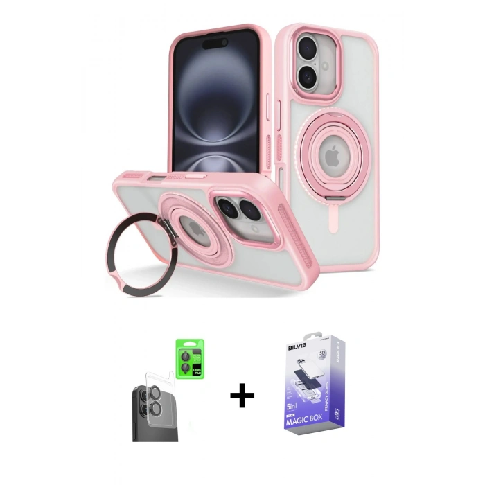 MARSİLYAN™- iPhone 16 Kılıf Nova Minimal Serisi - Siyah Bilvis 5in1 5D Magic Hayalet Cam Ekran Koruyucu + Raze Metal Kamera Lens - SH