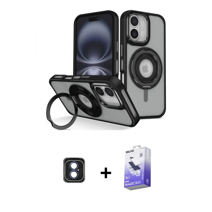 MARSİLYAN™- iPhone 16 Kılıf Nova Minimal Serisi - Siyah Bilvis 5in1 5D Magic Hayalet Cam Ekran Koruyucu + PVD Metal Kamera Lens - MI