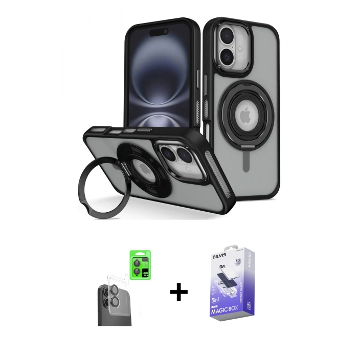 MARSİLYAN™- iPhone 16 Kılıf Nova Minimal Serisi - Siyah Bilvis 5in1 5D Magic Hayalet Cam Ekran Koruyucu + Raze Metal Kamera Lens - SH