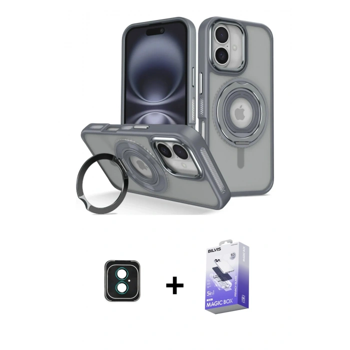 MARSİLYAN™- iPhone 16 Kılıf Nova Minimal Serisi - Siyah Bilvis 5in1 5D Magic Hayalet Cam Ekran Koruyucu + PVD Metal Kamera Lens - YL