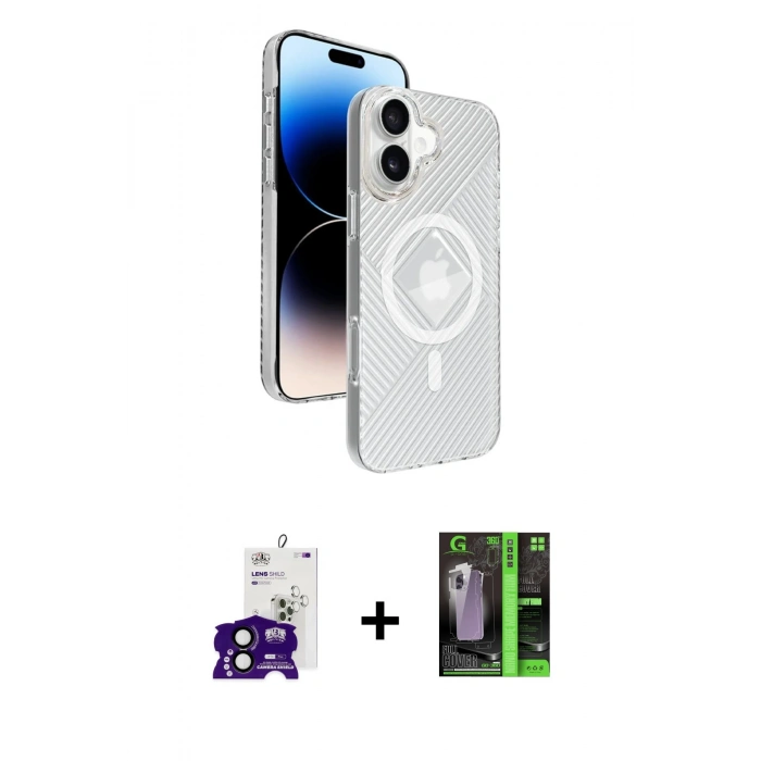MARSİLYAN™- iPhone 16 Kılıf Nova Modern Prime - Şeffaf 360 Full Body Arka Koruyucu + Bilvis Titan Kamera Lens - SH
