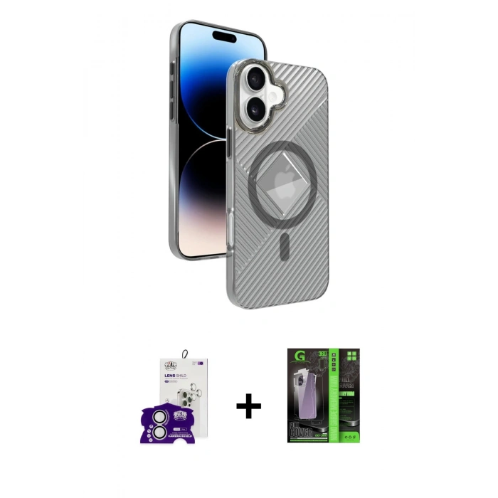 MARSİLYAN™- iPhone 16 Kılıf Nova Modern Prime - Şeffaf 360 Full Body Arka Koruyucu + Gümüş Bilvis Titan Kamera Lens