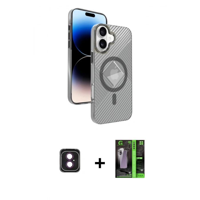 MARSİLYAN™- iPhone 16 Kılıf Nova Modern Prime - Şeffaf 360 Full Body Arka Koruyucu + PVD Metal Kamera Lens - PE