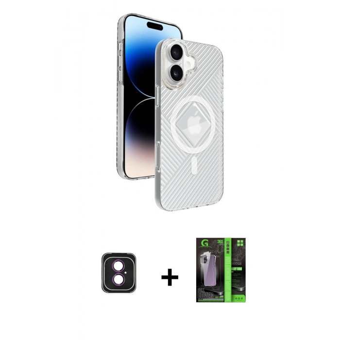 MARSİLYAN™- iPhone 16 Kılıf Nova Modern Prime - Şeffaf 360 Full Body Arka Koruyucu + PVD Metal Kamera Lens - PE