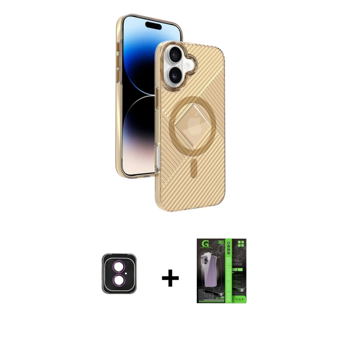 MARSİLYAN™- iPhone 16 Kılıf Nova Modern Prime - Şeffaf 360 Full Body Arka Koruyucu + PVD Metal Kamera Lens - PE