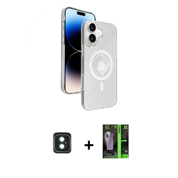 MARSİLYAN™- iPhone 16 Kılıf Nova Modern Prime - Şeffaf 360 Full Body Arka Koruyucu + PVD Metal Kamera Lens - YL