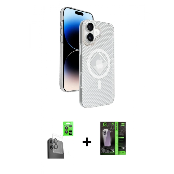 MARSİLYAN™- iPhone 16 Kılıf Nova Modern Prime - Şeffaf 360 Full Body Arka Koruyucu + Raze Metal Kamera Lens - SH